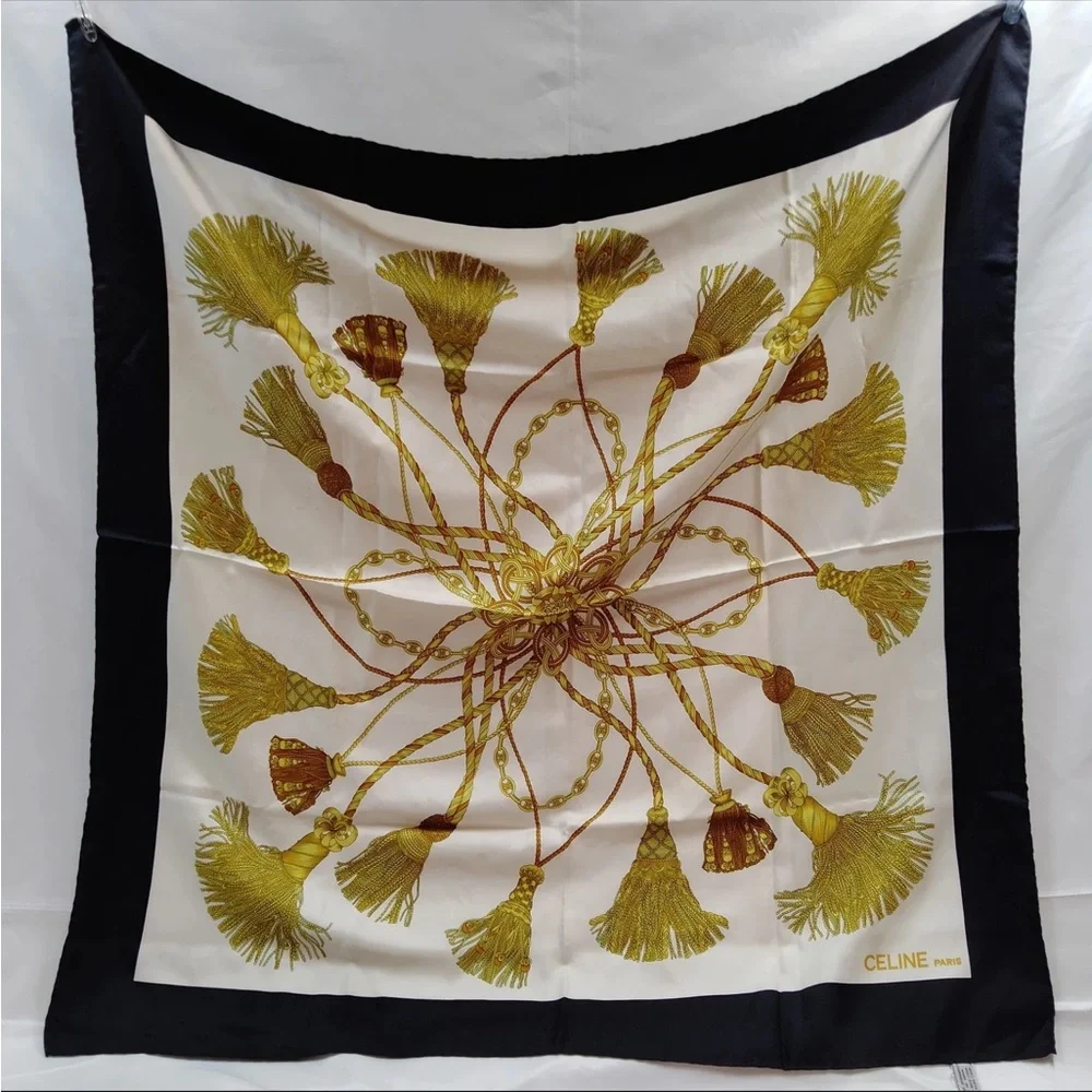 Celine Silk Scarf with Gold and Black Tassel Design